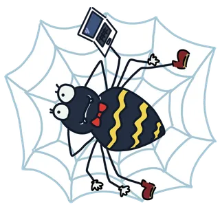 データサイエンスセンターのイメージキャラクター「クモ」のイラスト。クモの巣の上でノートパソコンを使っている