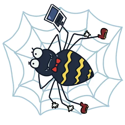 データサイエンスセンターのイメージキャラクター「クモ」のイラスト。クモの巣の上でノートパソコンを使っている